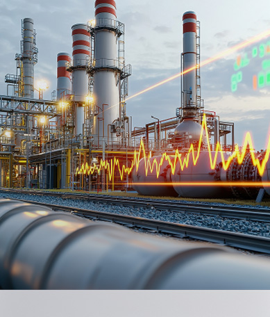 A power plant with stylized data overlayed in a pattern like energy waves